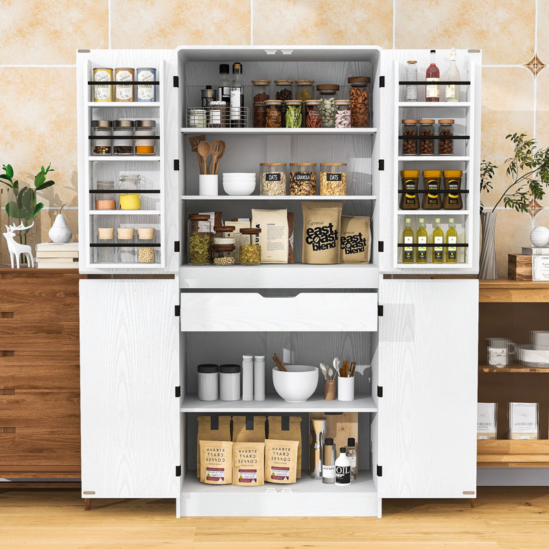 Armoire de cuisine haute de conception incurvée, 8 tablettes de porte, tablettes réglables et tiroir caché, Blanc