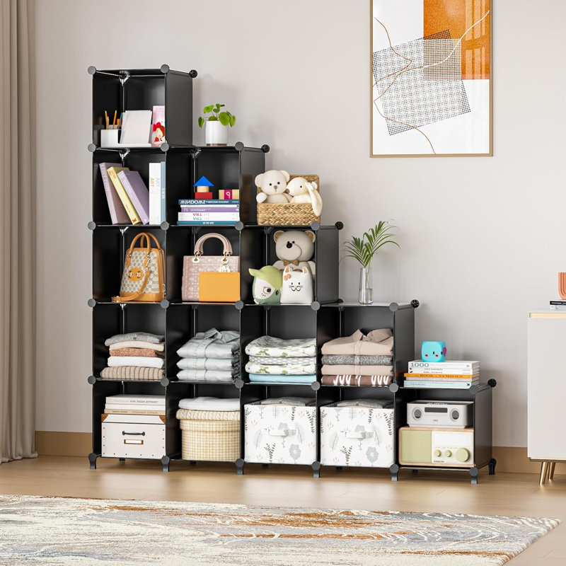 16 casiers de rangement, organisateur de rangement pour vêtements de garde-robe, organisateurs de garde-robe à tablettes cubiques et tablettes de rangement pour vêtements avec marteau, bibliothèque pour enfants (noir)
