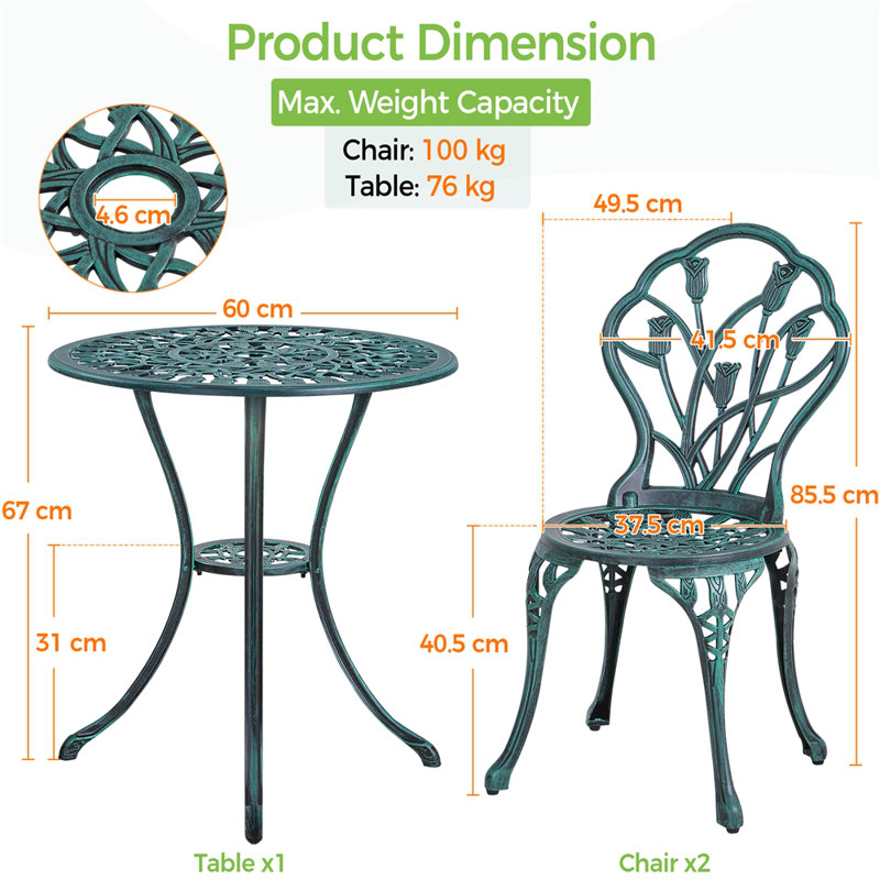 3 Piece Patio Bistro Table Set with Umbrella Hole, Blue