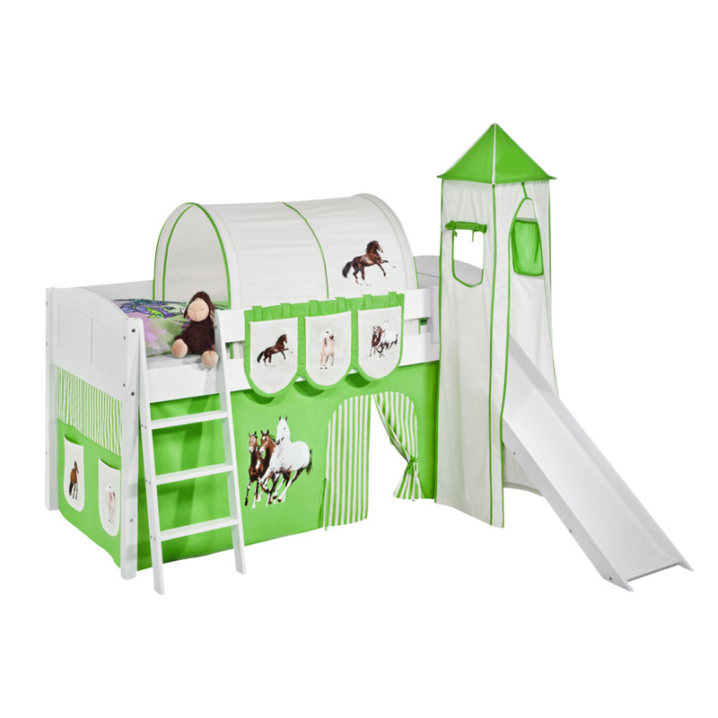 PferdeEuropean Single Mid Sleeper Bed With Curtain, Green / Beige