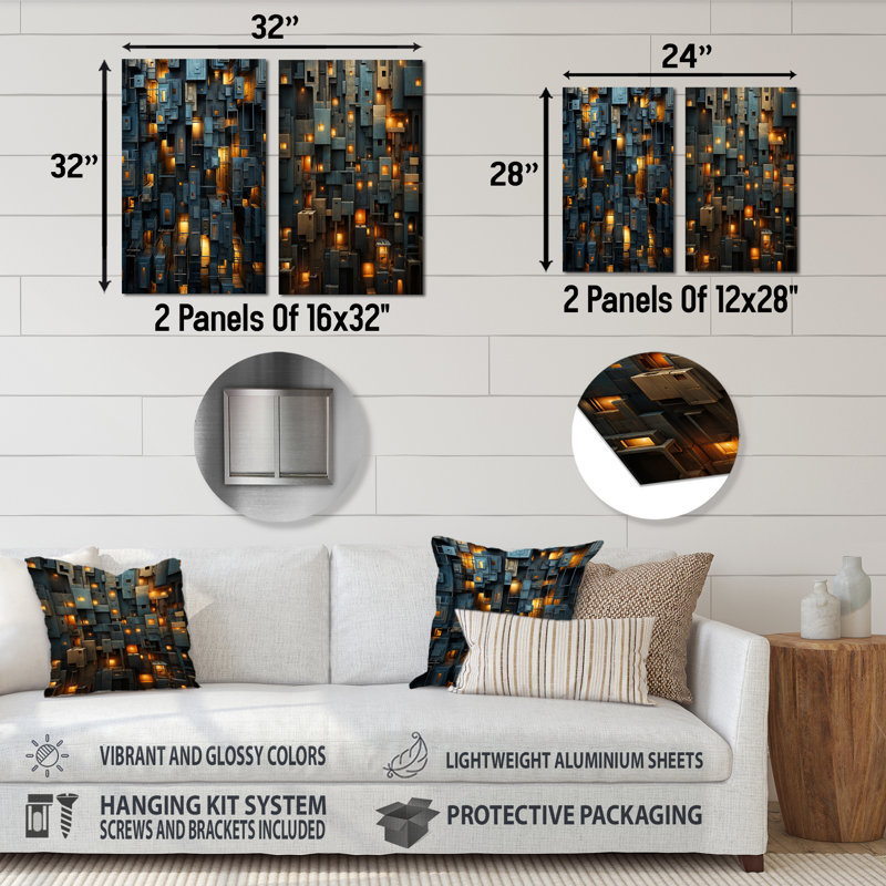«Copper Canyons Skycrapers Cityscape», ensemble de 2 pièces murales abstraites en métal, H 28 po x l 24 po