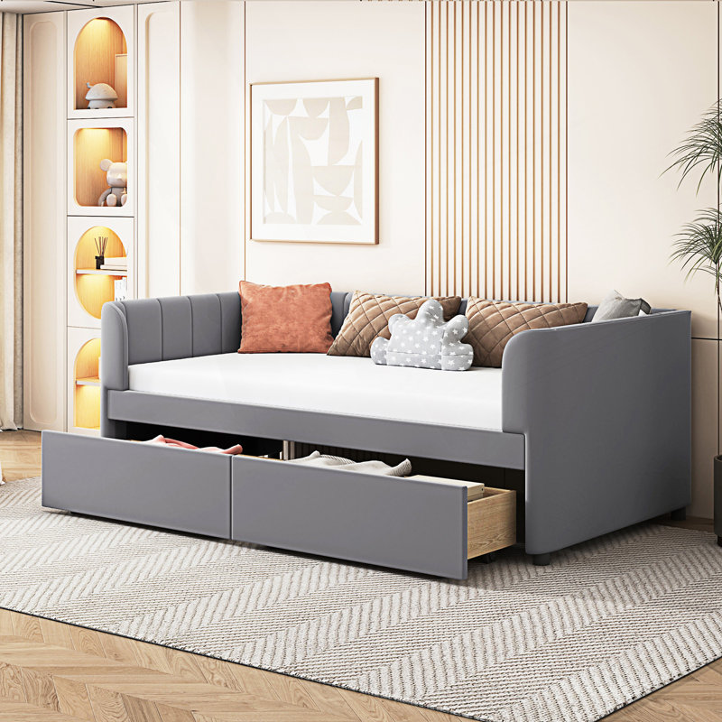 Lit de jour moderne tapissier simple avec dossier ergonomique et 2 tiroirs, Gris