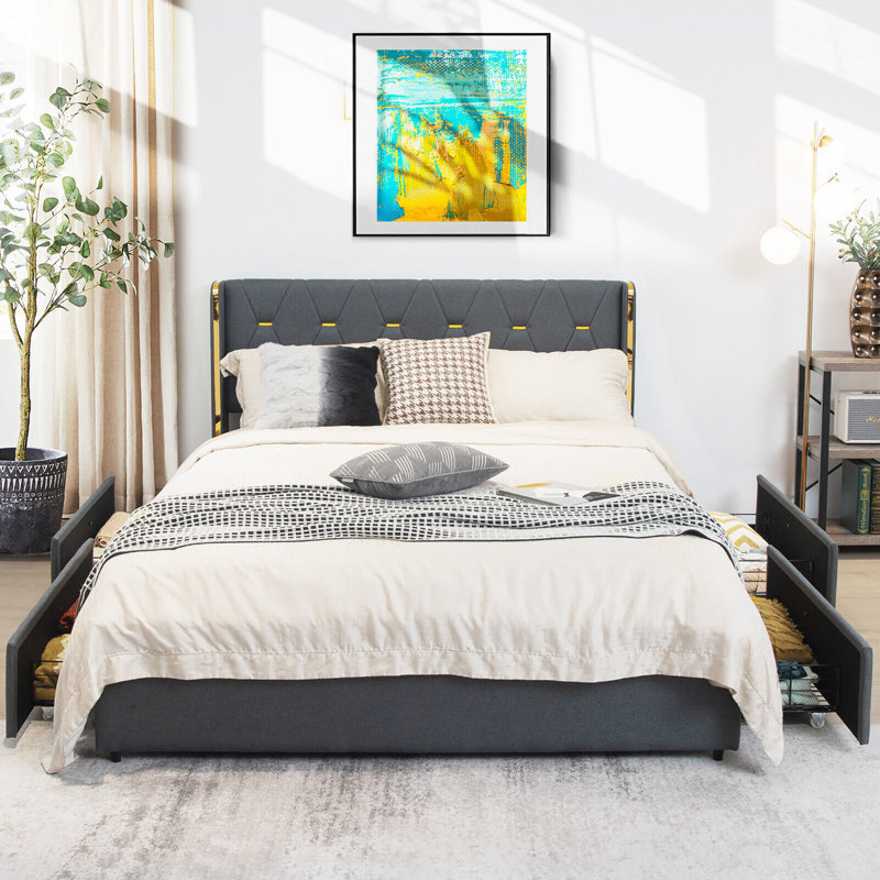 Thaxted Upholstered Metal Platform Storage Bed, Queen, Dark Gray