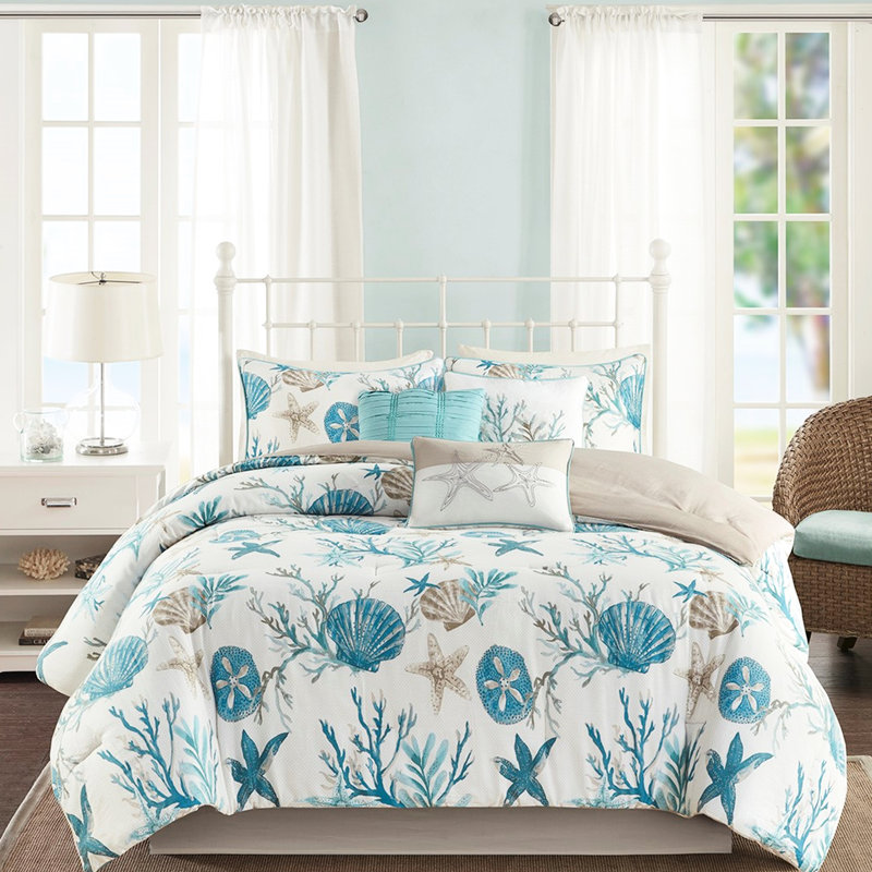 7 Piece Cotton Comforter For King Bed - With Printed Shells, Starfish, Corals & Luxurious Feel Size Coastal Print Of, Aqua