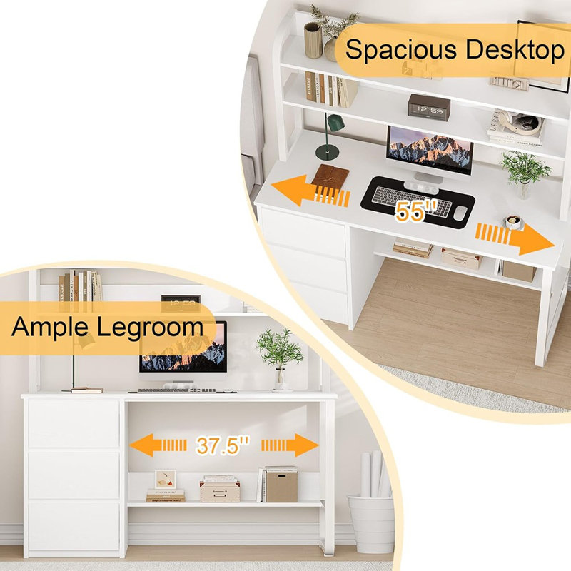 Bureau blanc avec huche et tablettes - Poste de travail d'ordinateur avec 3 tiroirs et pieds réglables pour le bureau ou la chambre à coucher