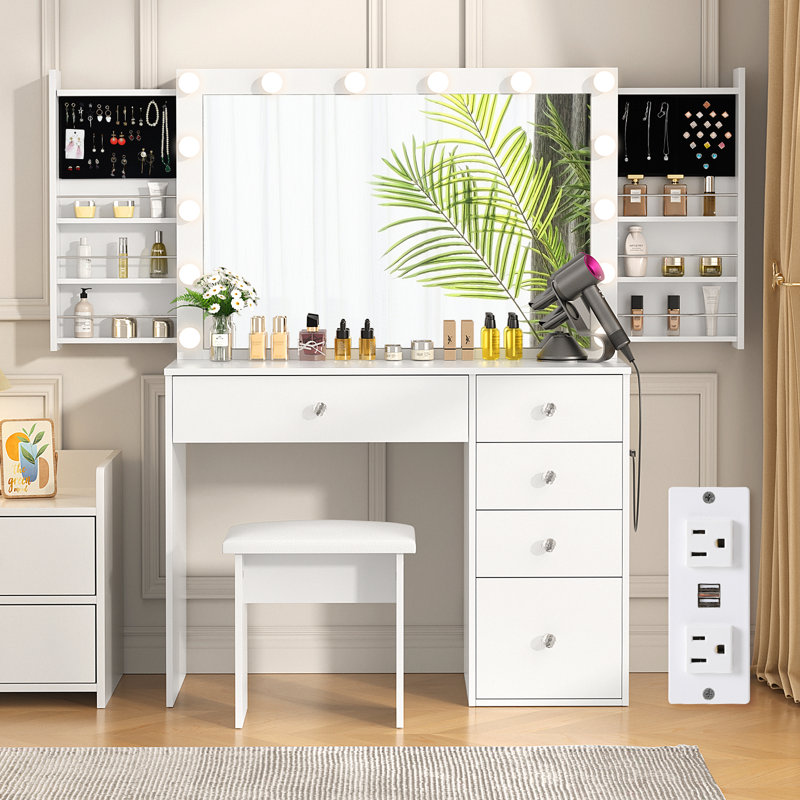 Greyden Makeup Vanity with Hidden Sliding Storage Shelves and Outlets, White