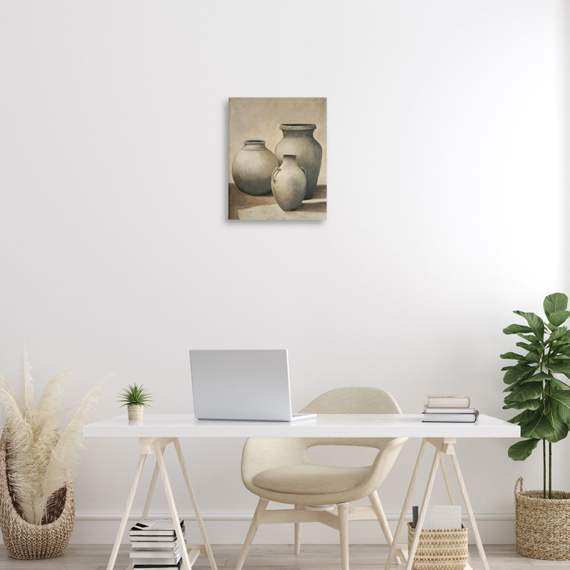 Trio de vases sur toile nature morte, conception d'André Mazo, H 20 po x l 16 po