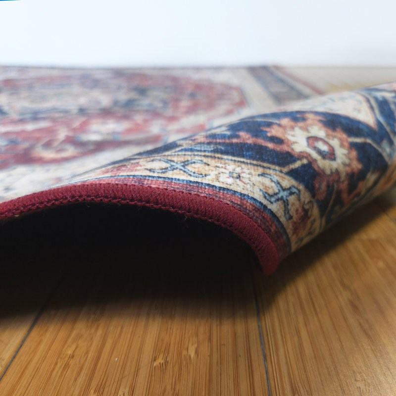 Tapis intérieur rouge à motif de médaillon lavable à la machine Samira Tiefi, Rectangulaire 3 pi x 5 pi