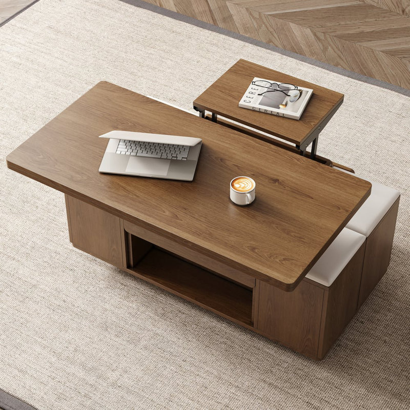 Table basse 39 po avec 4 tabourets et rangement, Bois brun, Bois brun