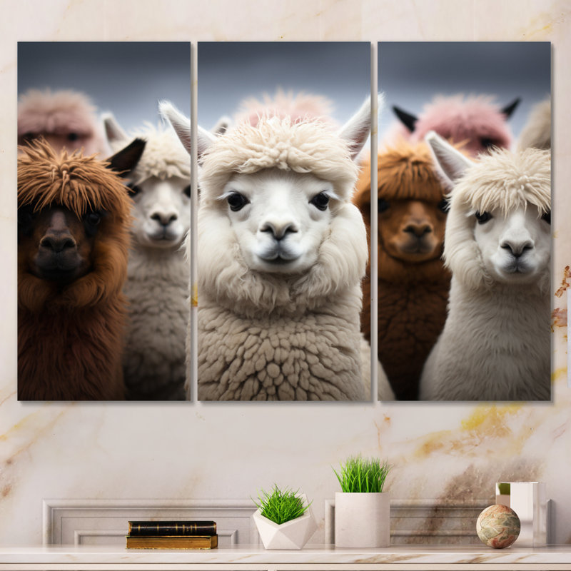 Alpacas gracieuses fibres sur toile, reproduction de 3 pièces, H 28 po x l 36 po x P 1 po