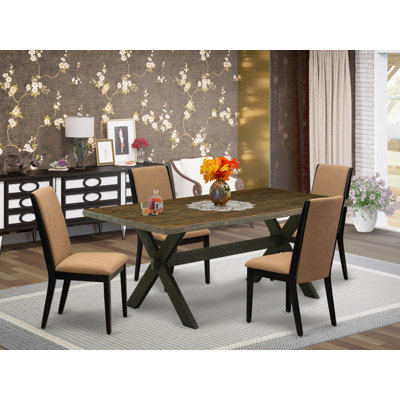 Ensemble de table de salle à manger 5 pièces comprenant une table de salle à manger rectangulaire avec pieds en X et 4 chaises rembourrées en tissu de lin sable, noir brossé