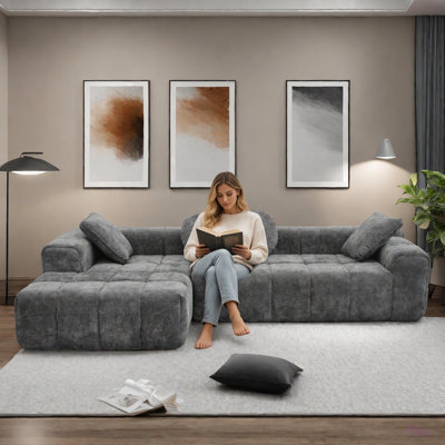 L-Shaped Compressed Sectional Sofa Modern Minimalist Style Corduroy Couch, Sleeper Sofa for Living Room, Bedroom, Comfy Compressed Sofa Couch Space-Efficient Design