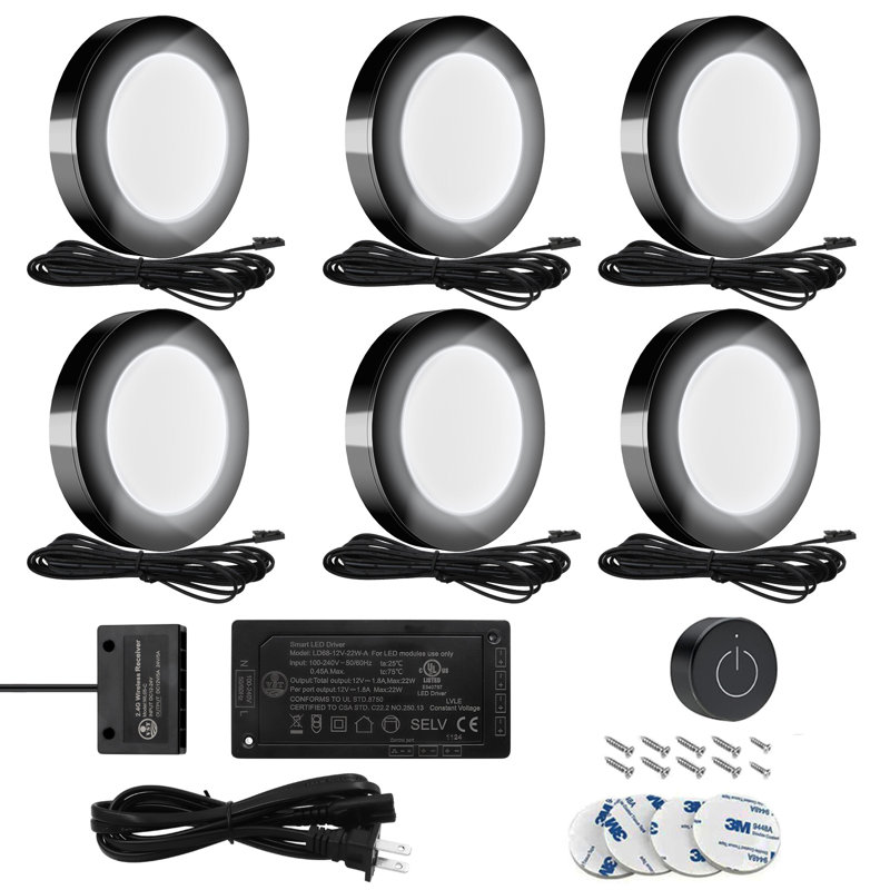  PL05 - Paquet de 6 mini-rondelles 4000K avec gradateur sans fil 12V 1,8 W / pièce pour éclairage sous l'armoire, Noir