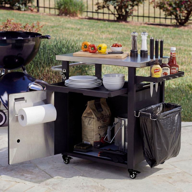 39.5" Outdoor Grill Cart With Storage Cabinet, Outdoor Bar Cart Pizza Oven Table With Wheels, Stainless Steel Top, Outdoor Kitchen Island With Spice & Paper Rack For BBQ, Waterproof Cover Included