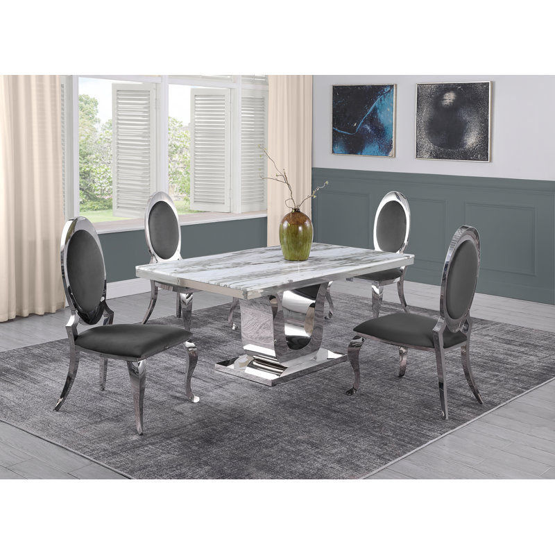 Hardnett Dellbrook White Marble Dining Set, White/Greige, 5, Gray/Silver