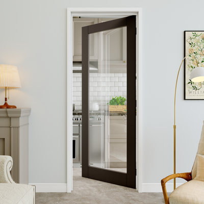 Porte pré-suspendue intérieure en verre transparent 30 po x 80 po 1-Lite avec charnières noires, plaque de porte en verre transparent, insonorisant et imperméable, combinaison pour la lessive, portes de placard, portes de pièce, droite