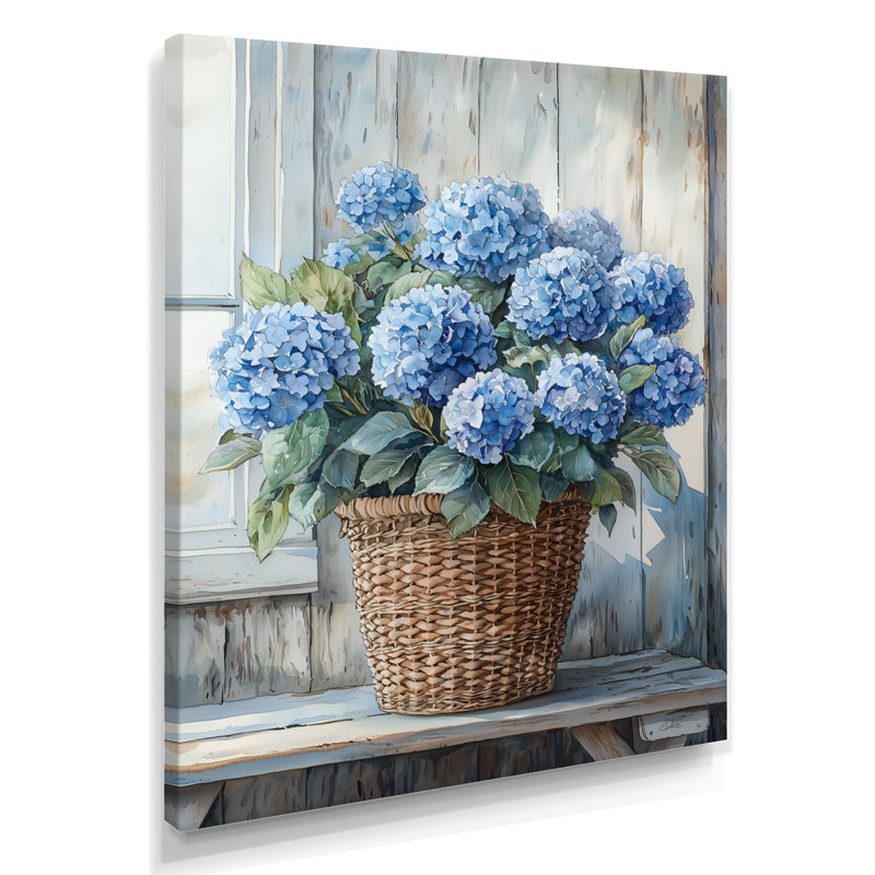 Hortensias dans un panier de ferme I - Art mural floral salon, H 20 po x l 12 po, Toile tendue, Ne s’applique pas