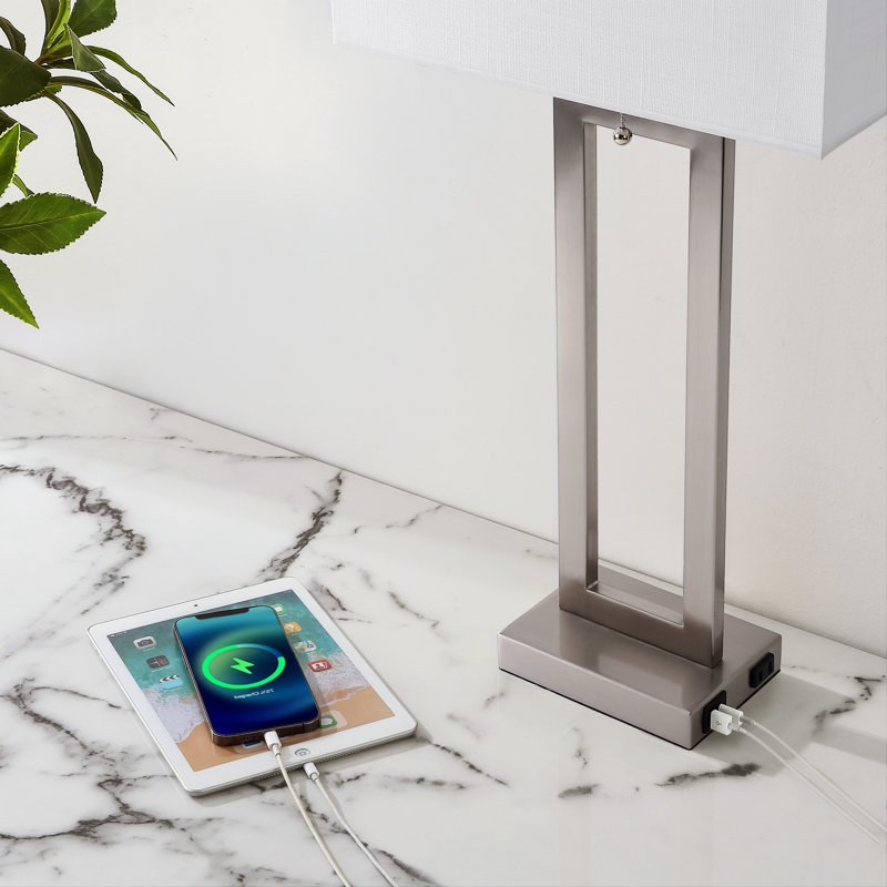 28.5" Metal Table Lamp Set With USB, Type-C Ports And Built-in Outlet , Nickel