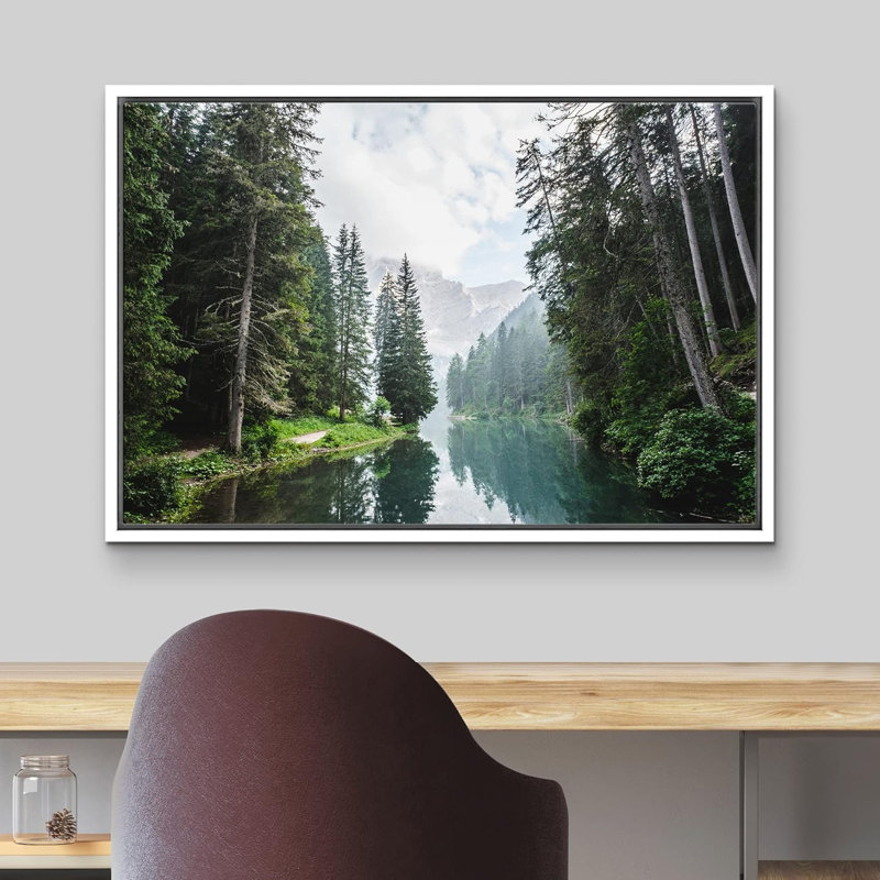 Lake  River Landscape " Fall Green Forest with Lake Reflection " Graphic Art Print, 24" H x 36" W x 1.5" D, White Frame
