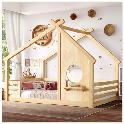 Lit double avec fenêtre et petite tablette, en bois massif, sans sommier, idéal pour l'imagination et la sécurité des enfants