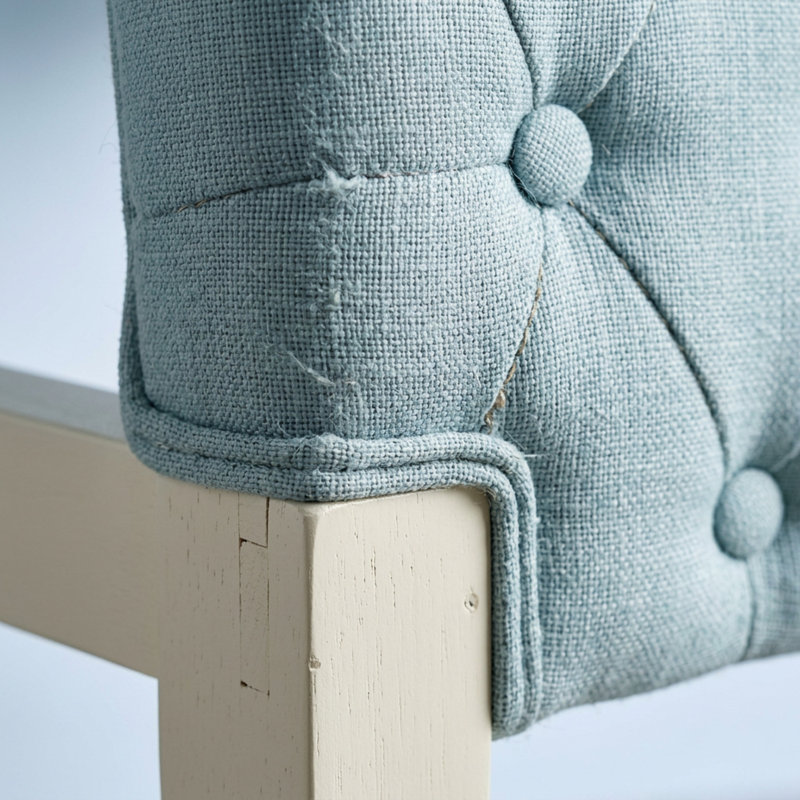 Ensemble de salle à manger rectangulaire 3 pièces en lin, blanc, bleu ciel, bois d'hévéa et tissu lin, avec rallonge papillon et chaises Parsons capitonnées.