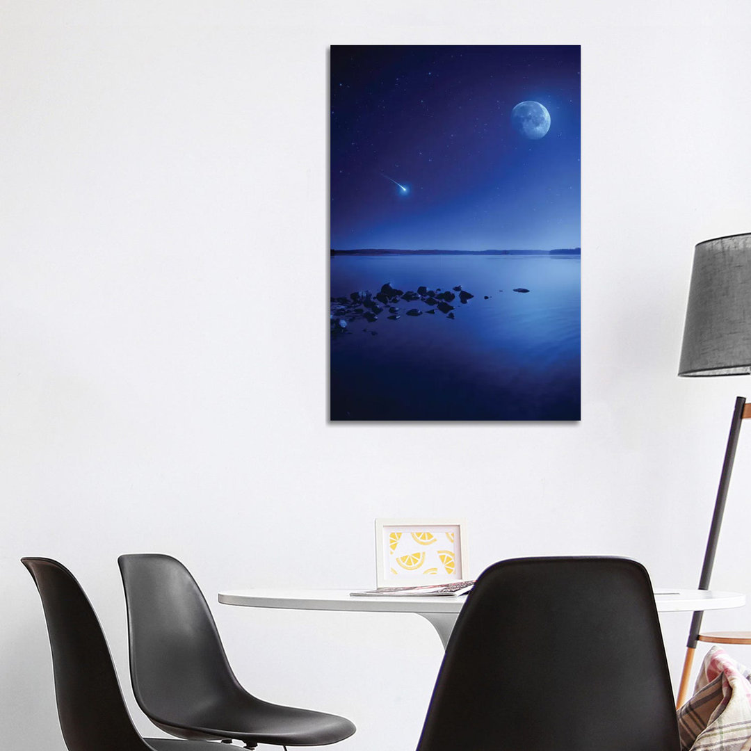 Tranquil Lake Against Starry Sky, Moon And Falling Meteorite, Finland II by Evgeny Kuklev - Wrapped Canvas Print