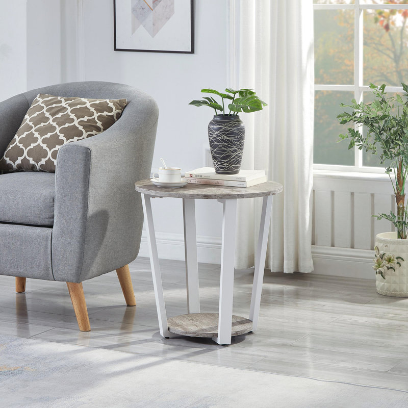 Table de bout ronde avec tablette Elysian, Blanc, Gris