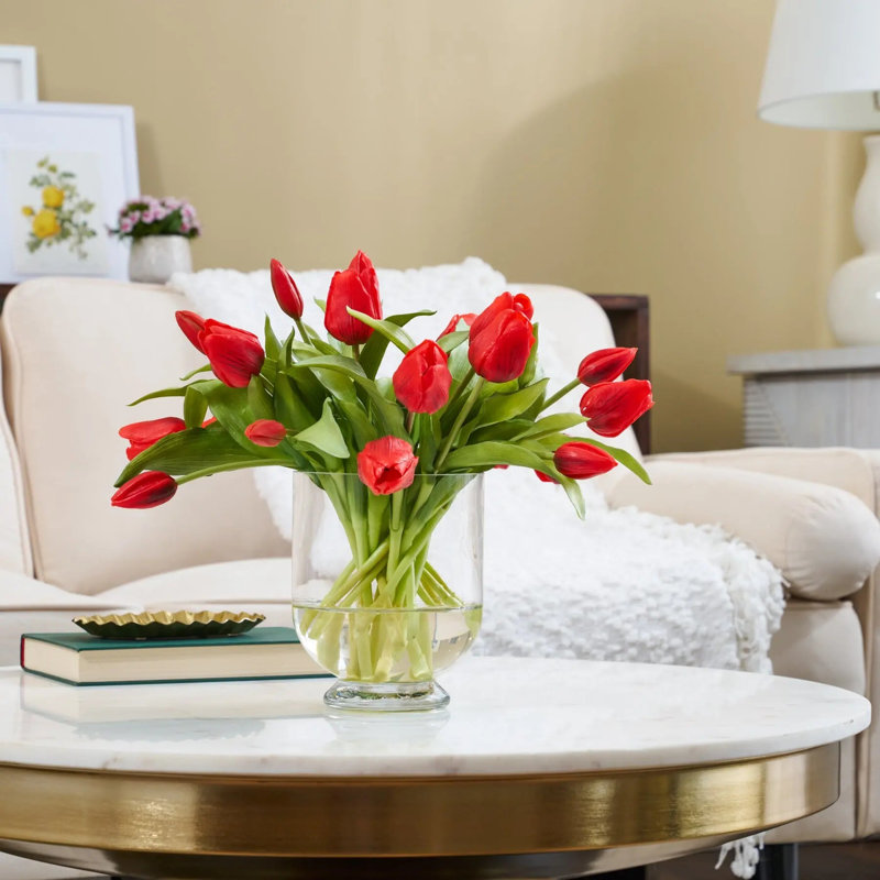 Real Touch Lifelike Red Tulip Blooms in Footed Urn Vase Spring Faux Floral Water Illusion Arrangement