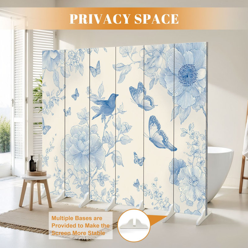Cloison pliante 6 panneaux paravent Royal Floral Vintage Boho bleu crème fleurs blanches Oiseaux Toile Séparateur de cloison Autoportant Cloison de protection Cloison d'intimité