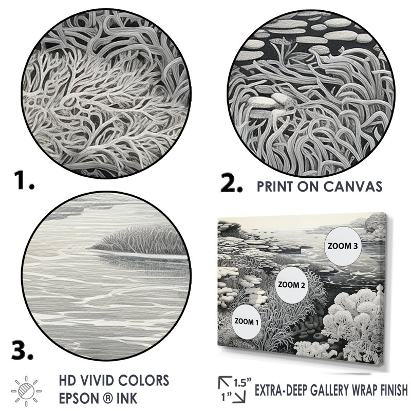 Scènes marines grises sur toile, H 12 po x l 20 po x P 1 po, Cadre d'angle fermé doré