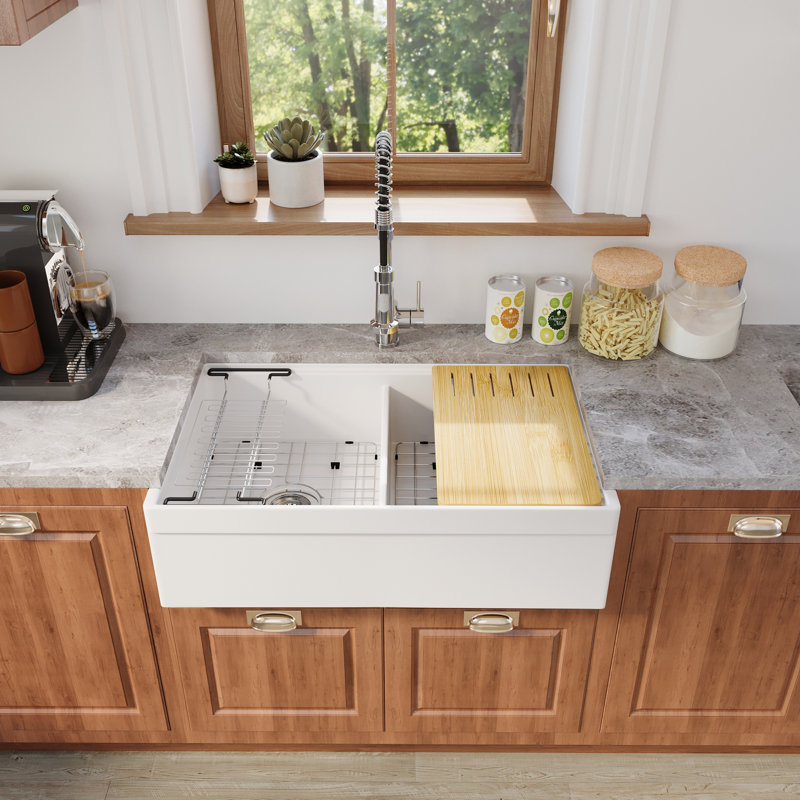 CASAINC 33" L Farmhouse Double Bowl Fireclay Kitchen Sink