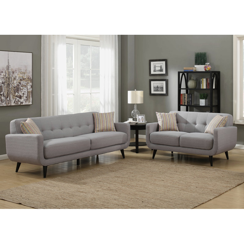 Ensemble de canapé et causeuse, mélange de polyester, pieds en bois massif, rembourrage en mousse haute densité avec coussins décoratifs et conception matelassée