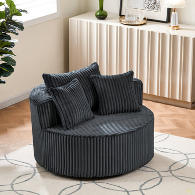 Oversized Round Swivel Accent Chair with Plush Upholstery & Matching Throw Pillows