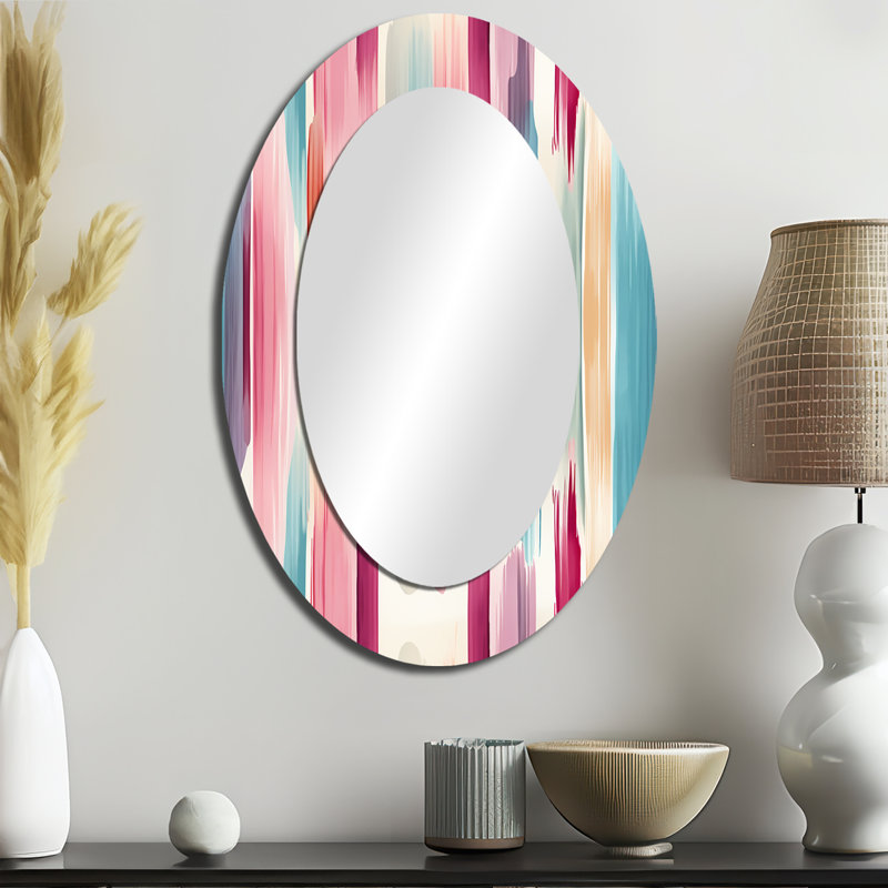 Miroir mural Mid-Century ovale bleu et rose, H 36 po x l 24 po