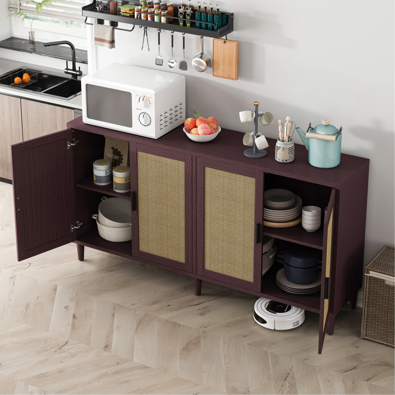 70" Rattan Buffet Cabinet With Storage, 4-Door Sideboard Buffet Cabinet With Adjustable Shelves For Kitchen, Living Room And Dining Room, Easy Assembly