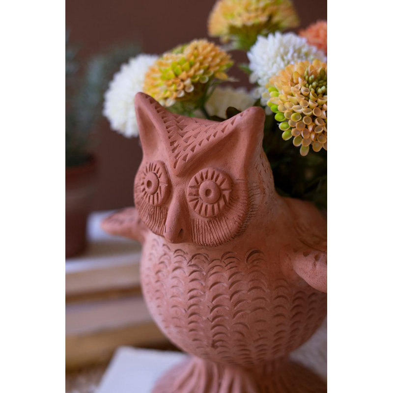  Whimsical Terracotta Owl Planter Artisan Ceramic Vase 9.5" Tall