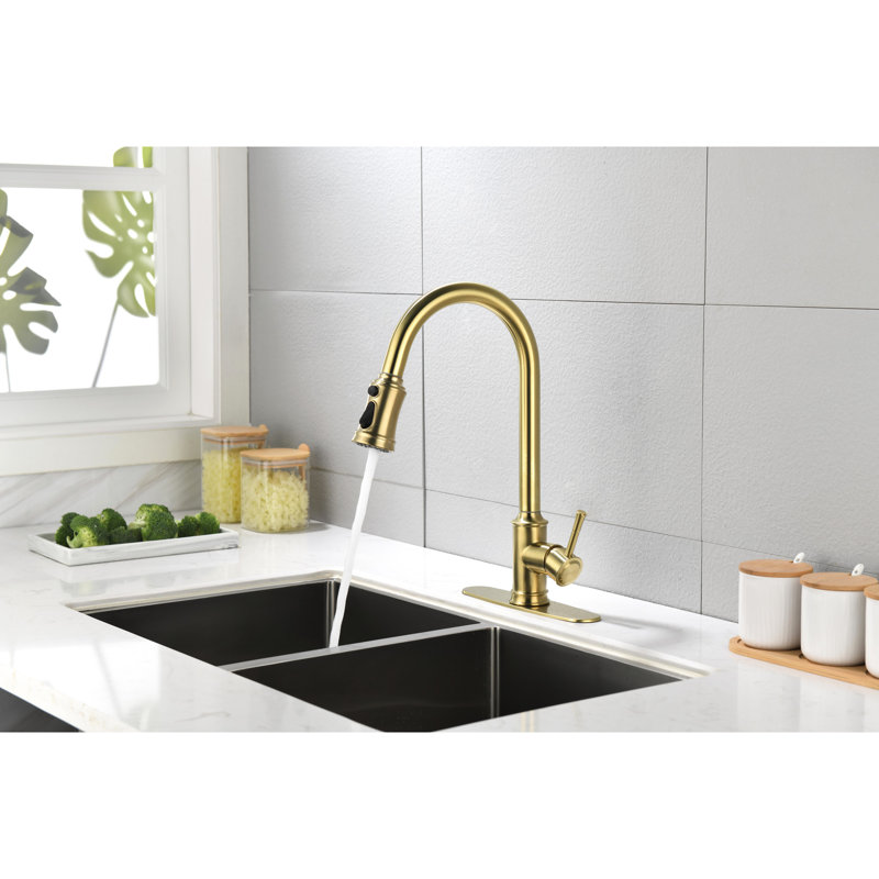 Robinet de cuisine doré brossé avec fonction rétractable - Acier inoxydable, finition anticorrosion pour la longévité, 24,9 po Profondeur de l'emballage Tête de jet en acier à utilisation polyvalente, rouille