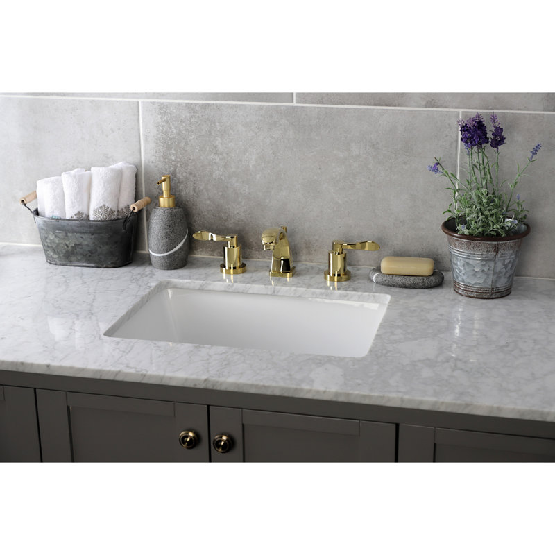 Kingston Brass NuWave Two-Handle 3-Hole Deck Mount Widespread Bathroom Faucet with Brass Pop-Up Drain, Polished Brass