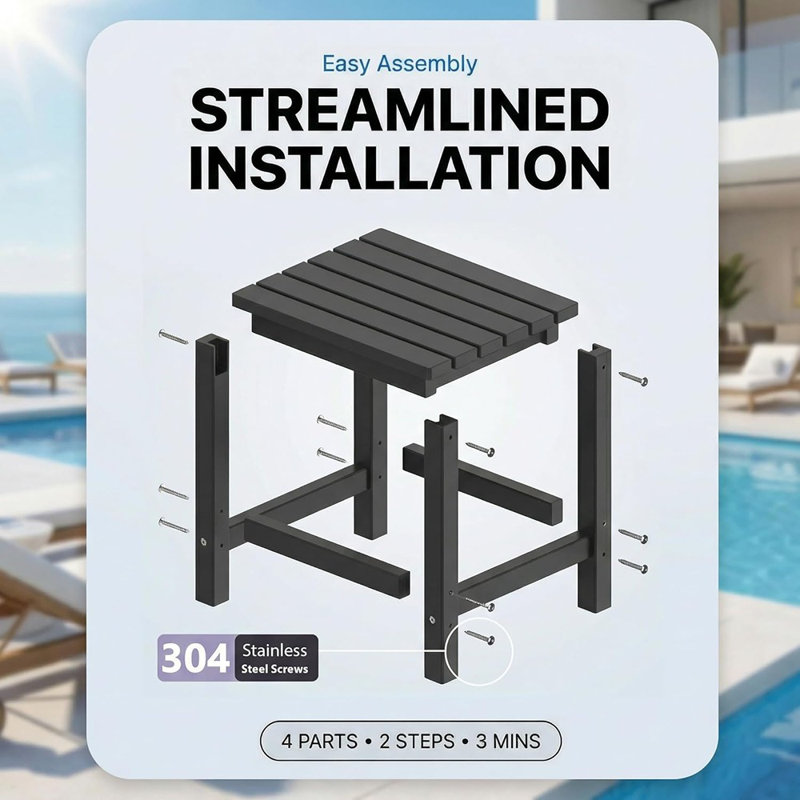 Square Outdoor Side Table, HDPE Small Patio End Table, Weather-Resistant Accent Table For Patio, Pool, Or Backyard Use, Easy Maintenance, Jet Black