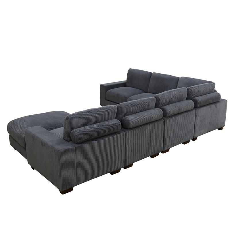 Arial 123" 7-Piece Premium Corduroy Reversible Living Room Modular Sectional Sofa with Ottoman, Dark Gray Corduroy