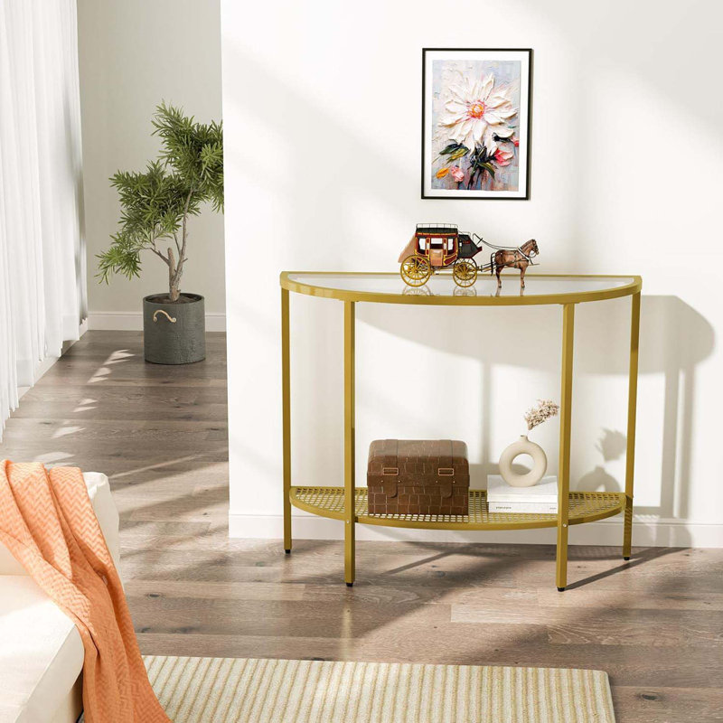 Glass Half Moon Console Table 2 Tier Narrow Entryway Table With Gold Metal Frames, Modern Couch Table Small Entry Way Tables, Easy Assembly, Clear Glass Gold Frames