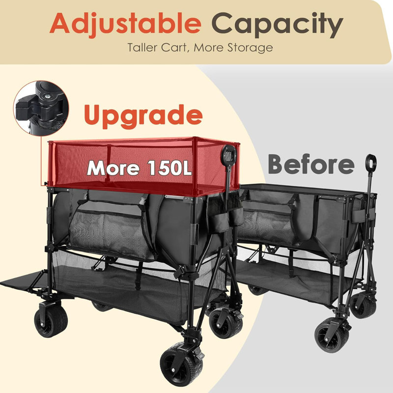 54" Double Decker Wagon Cart with Wheels Foldable, 550L Large Capacity Collapsible Wagon, 550LBS Load Heavy Duty Wagons Carts, Retractable Height & Extra Long Folding Beach Wagon