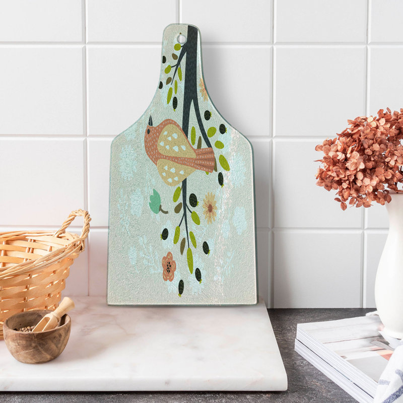 Ambesonne Forest Tempered Glass Cutting Board Flowers Bird on a Branch Pale Eggshell Multicolor