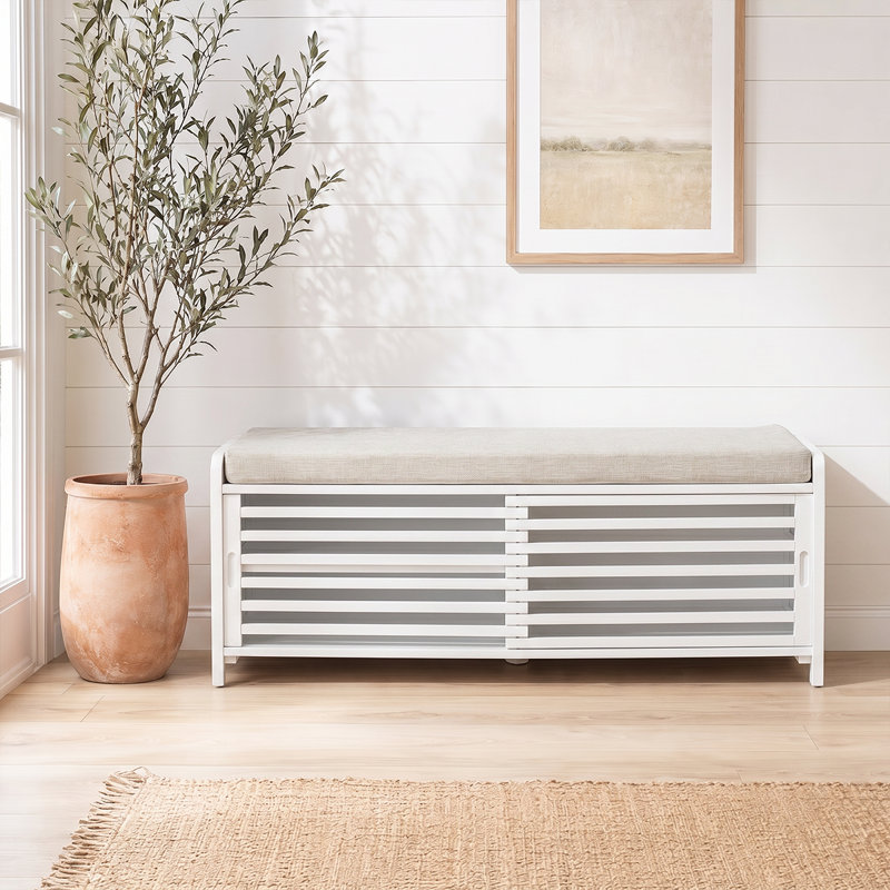 Banc de rangement rustique avec coussin pour porte d'entrée pour chaussures et accessoires, Blanc