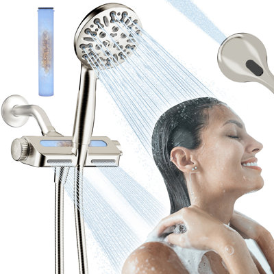 Pomme de douche à double filtre filtrée en nickel brossé à 9 réglages avec boyau extra long 79 po