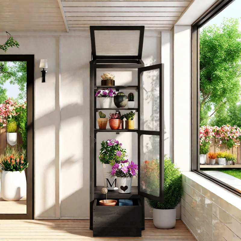 Black Fir Wood Garden Greenhouse with Adjustable Shelves and Storage Box