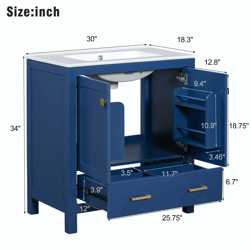 Simpert 30'' Single Bathroom Vanity with Solid + Manufactured Wood Top, Blue