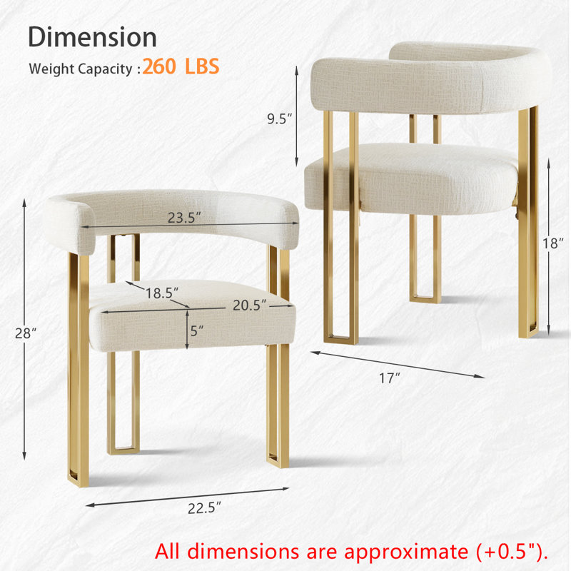 Ensemble de 4 fauteuils de salle à manger rembourrés en or 18,3 po Chenille, Blanc