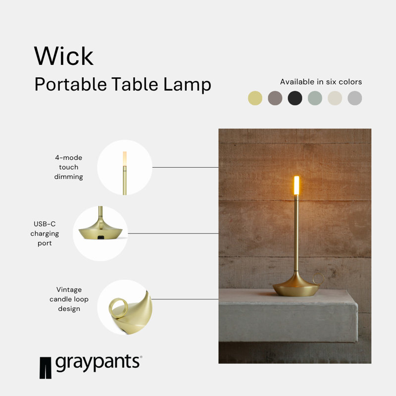 Candle-Inspired Portable Rechargeable Lamp - Wick, Black, 10.2" H x 4.7" W x 4.7" D