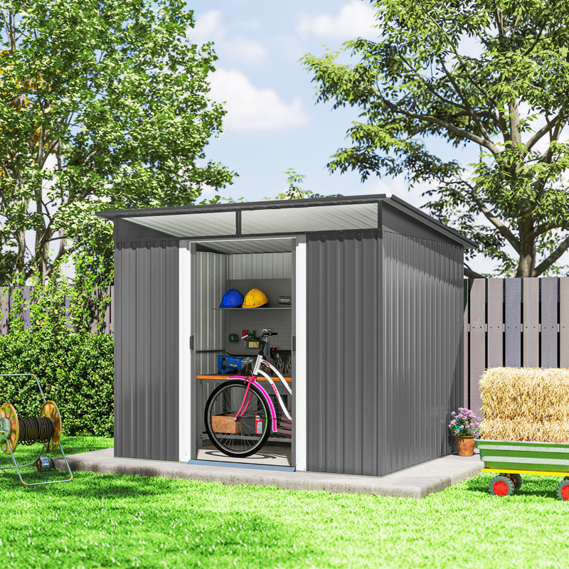 Outsunny 9ft x 6.5ft Metal Shed with Lightsky Panels Double Doors, Grey